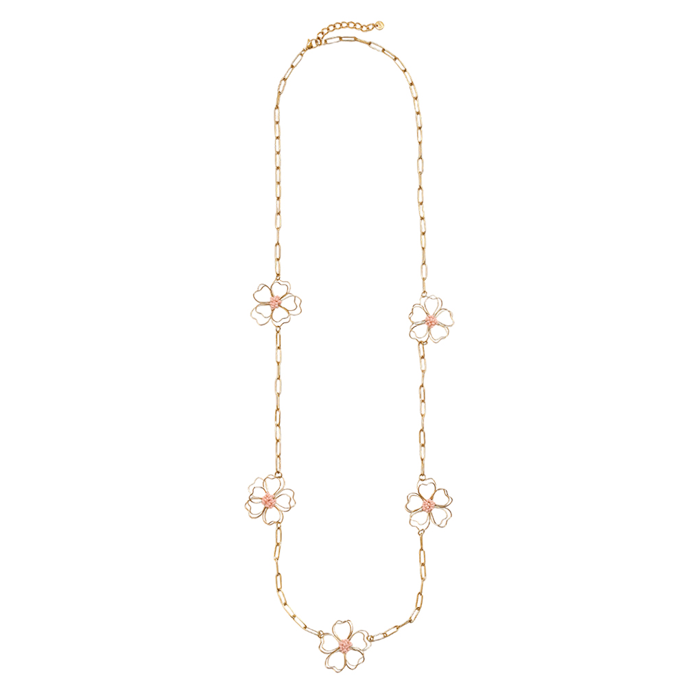 Stainless steel necklace 94cm golden flowers
