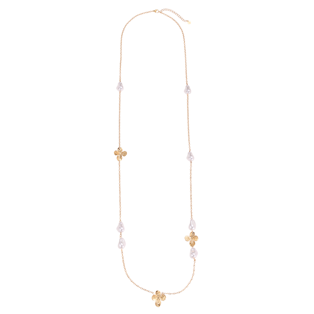 Stainless steel necklace 95cm flowers and pearls