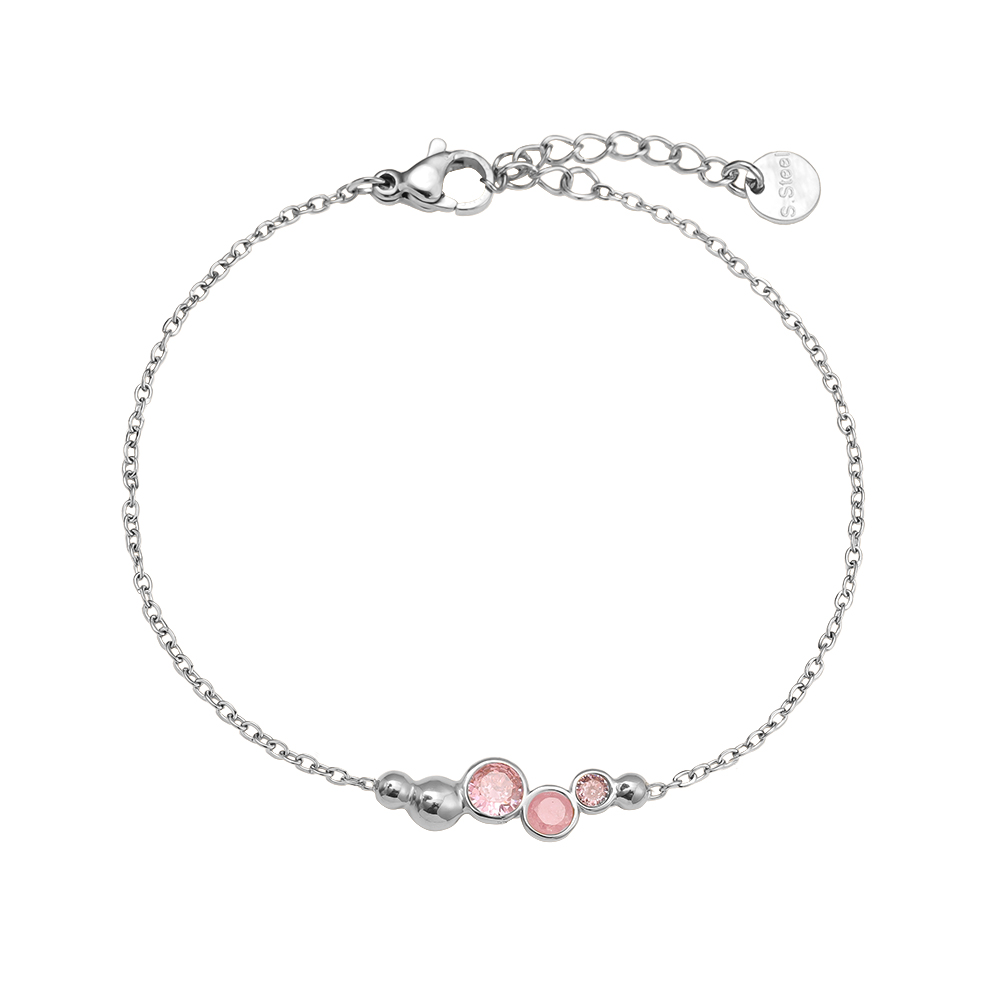 17cm Pink Round Diamond Stainless Steel Bracelet      