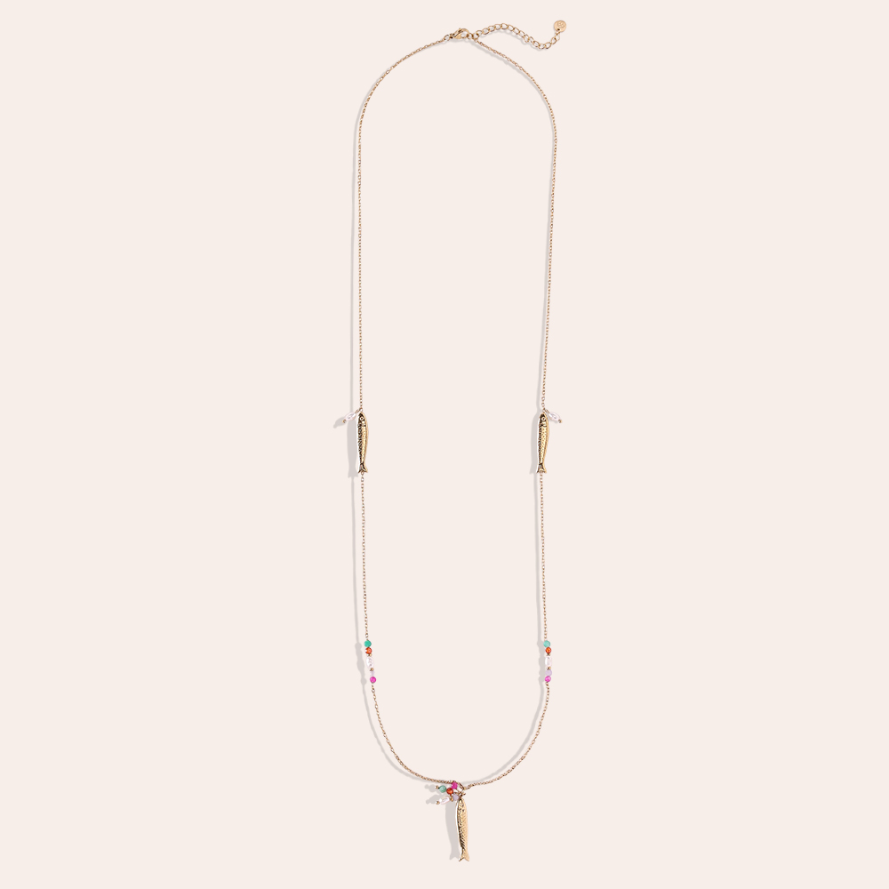 Stainless steel necklace, 80 cm, with a fish and colourful small beads