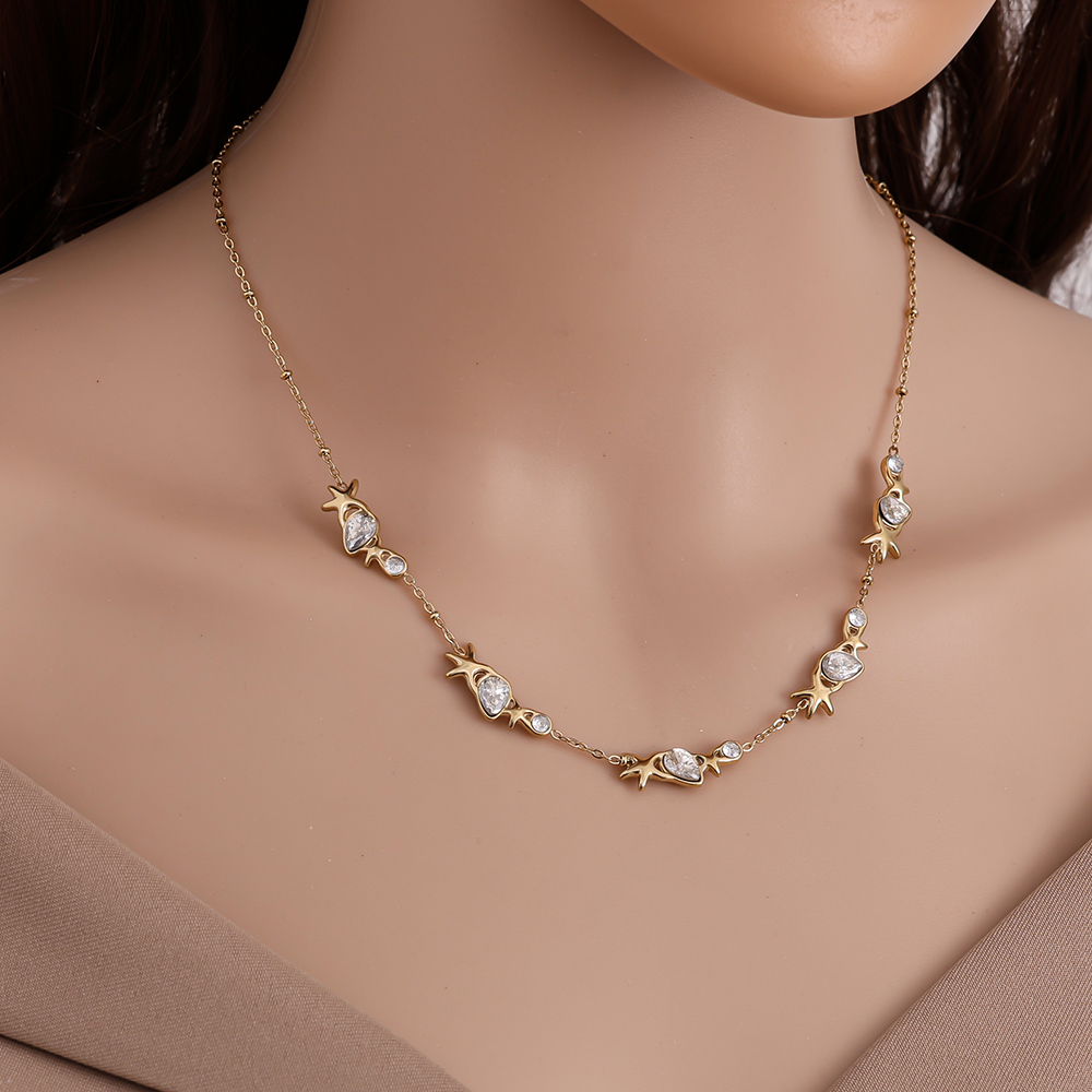 42cm starfish drop rhinestone stainless steel necklace