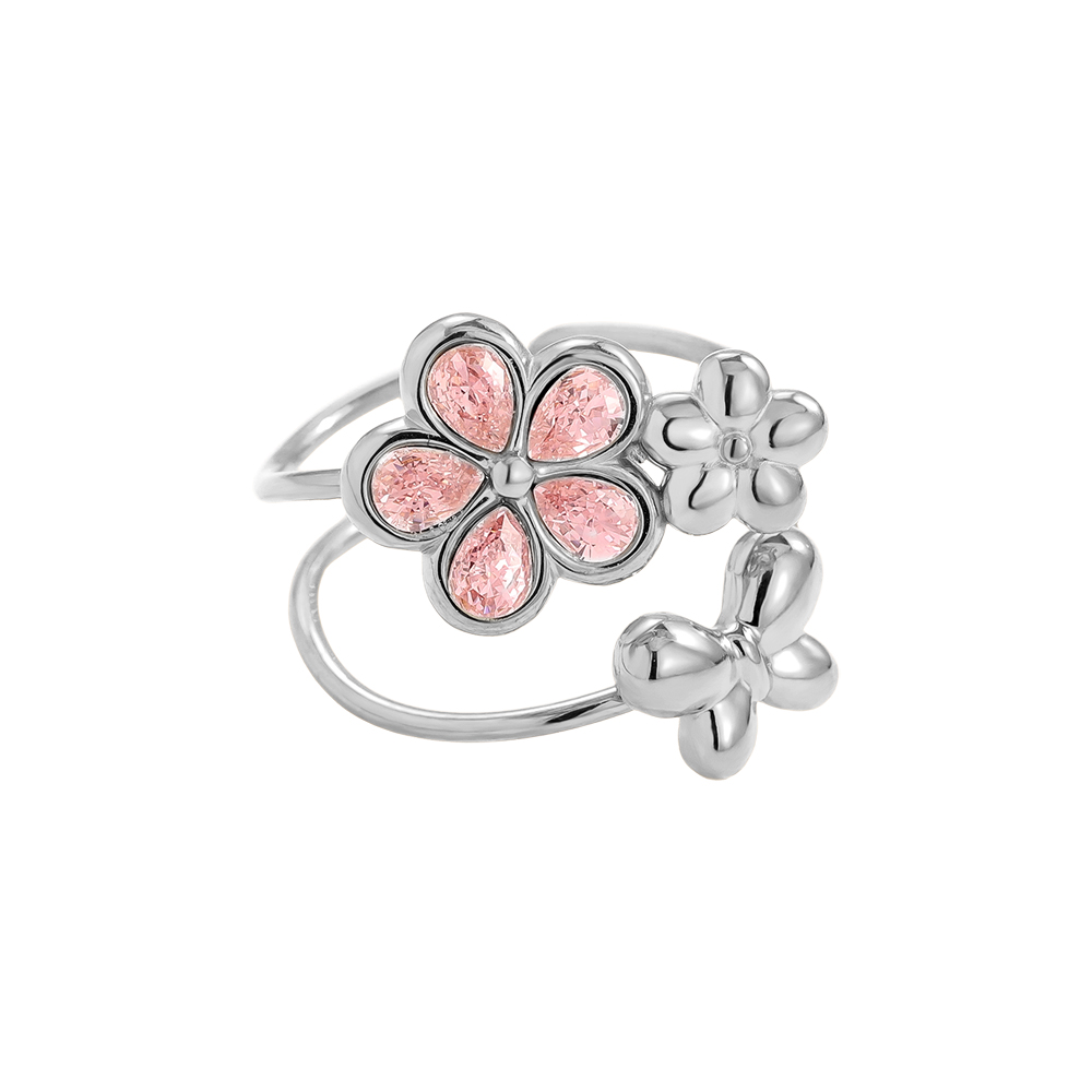 Adjustable glass stone flower butterfly stainless steel ring