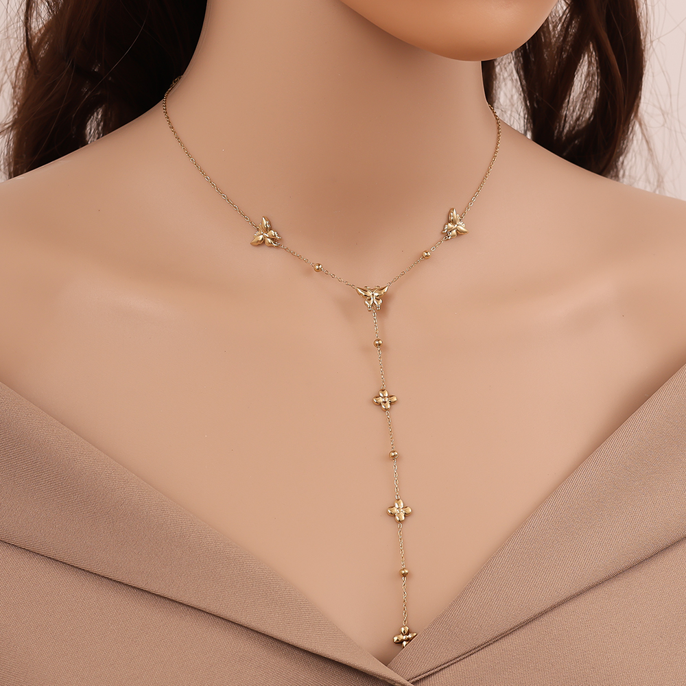 41cm Y-chain with butterfly and flowers stainless steel necklace    