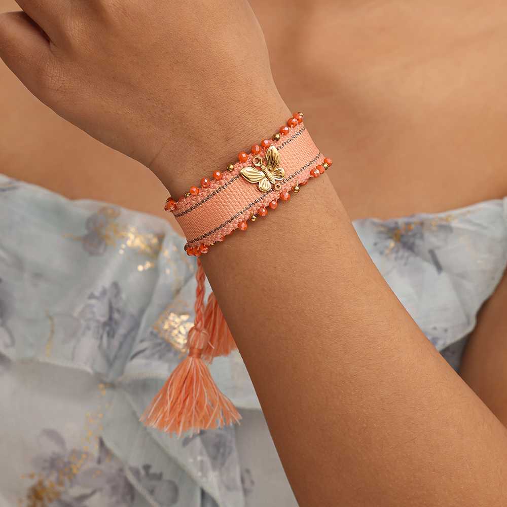 Butterfly on a polyester bag Stainless steel bracelet  