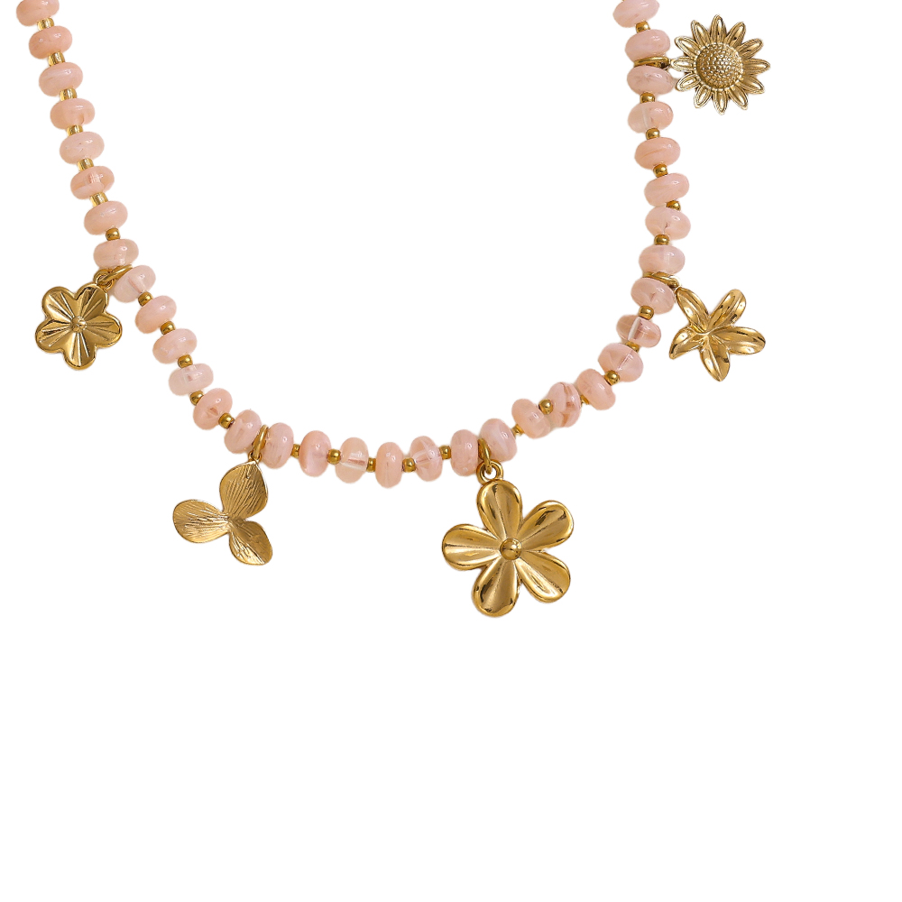 47cm small acrylic beads and golden flowers stainless steel necklace    