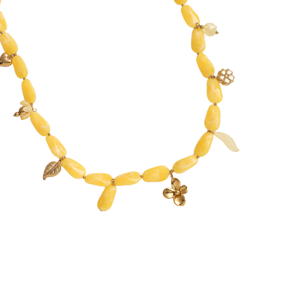 90cm elongated acrylic pieces and golden flower pendant stainless steel necklace      