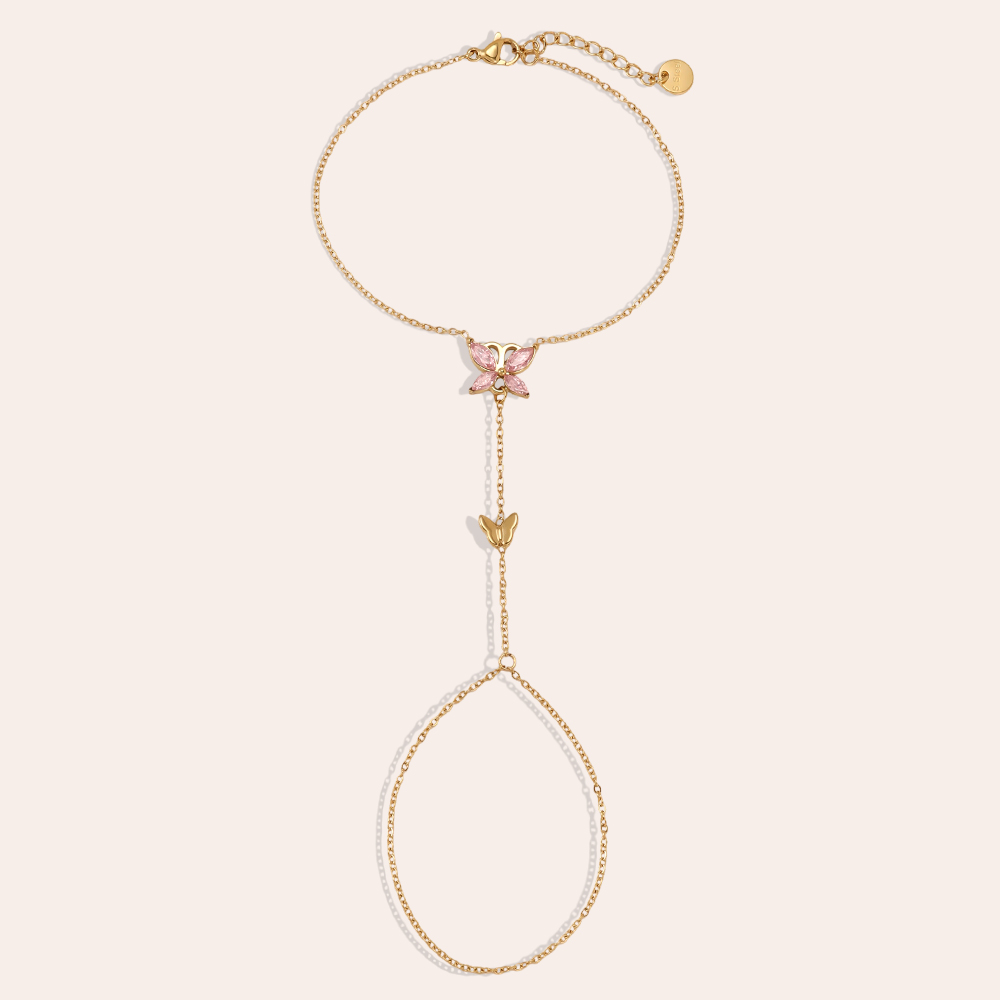 16cm pink zirconia butterfly hand chain stainless steel bracelet    