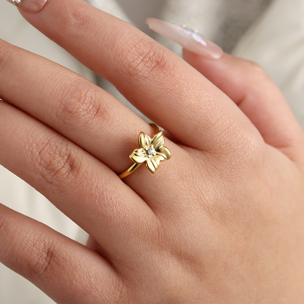 Flower With Diamond Stainless Steel Ring    