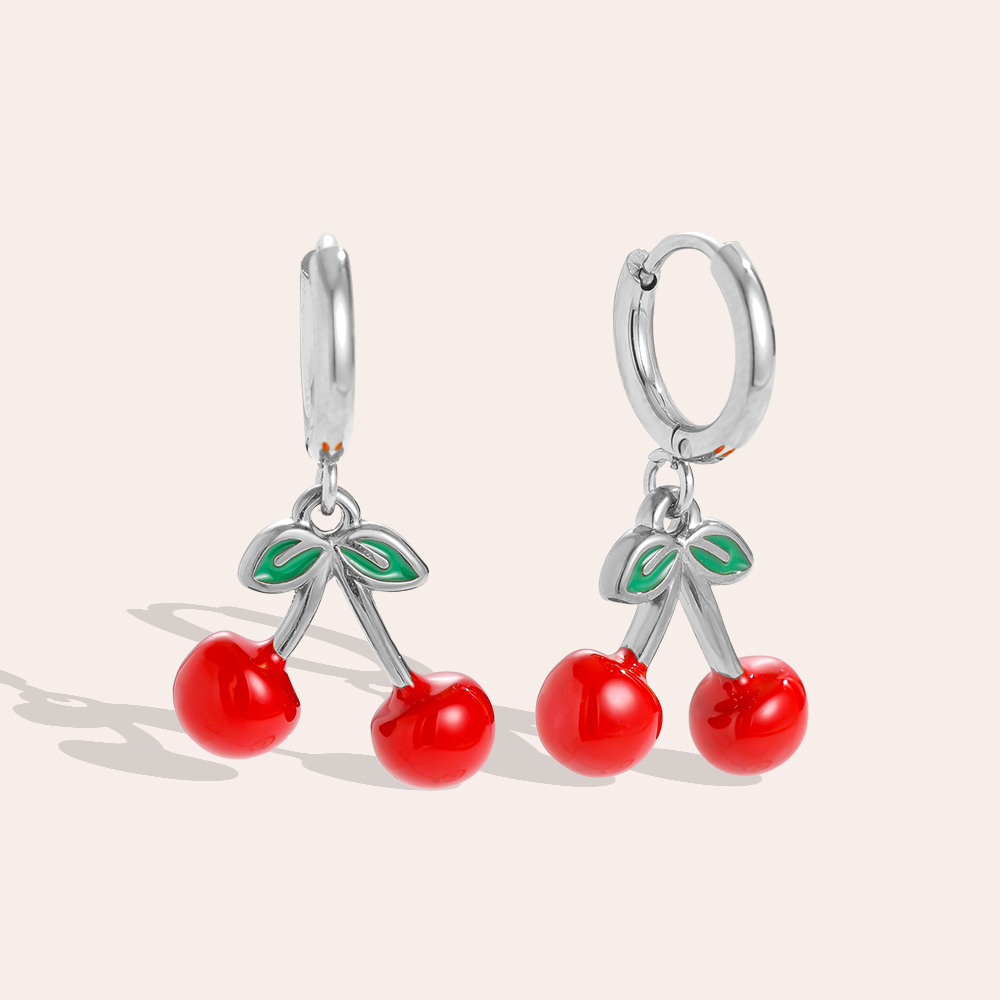 1.6*2.8cm Red Cherry Stainless Steel Earrings    