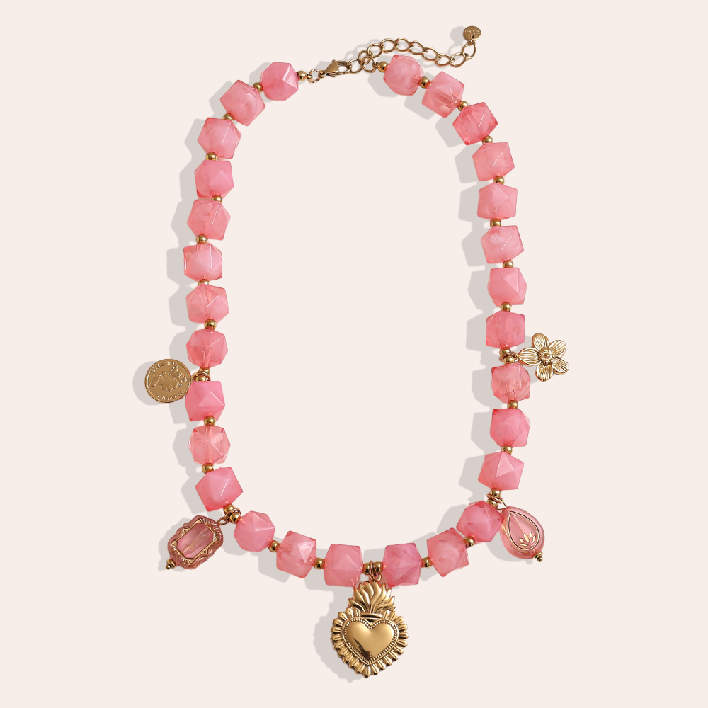 45cm chain with small acrylic cubes and golden flower, heart stainless steel necklace  