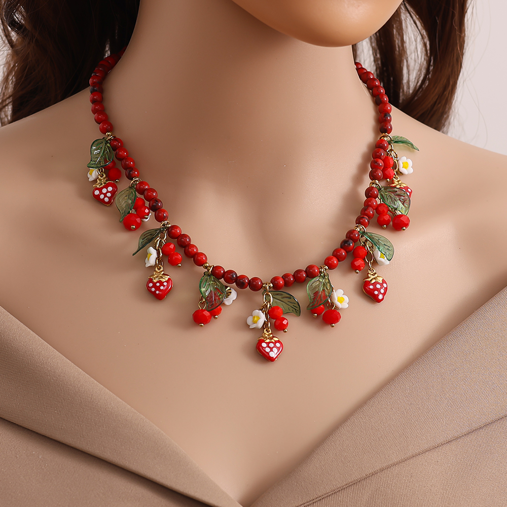 Stainless steel necklace 42cm acrylic beads with strawberries and flowers
