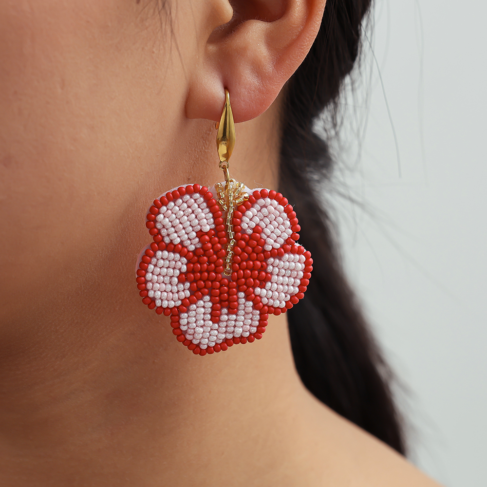 65mm Red Beads Flowers Stainless Steel Earrings
