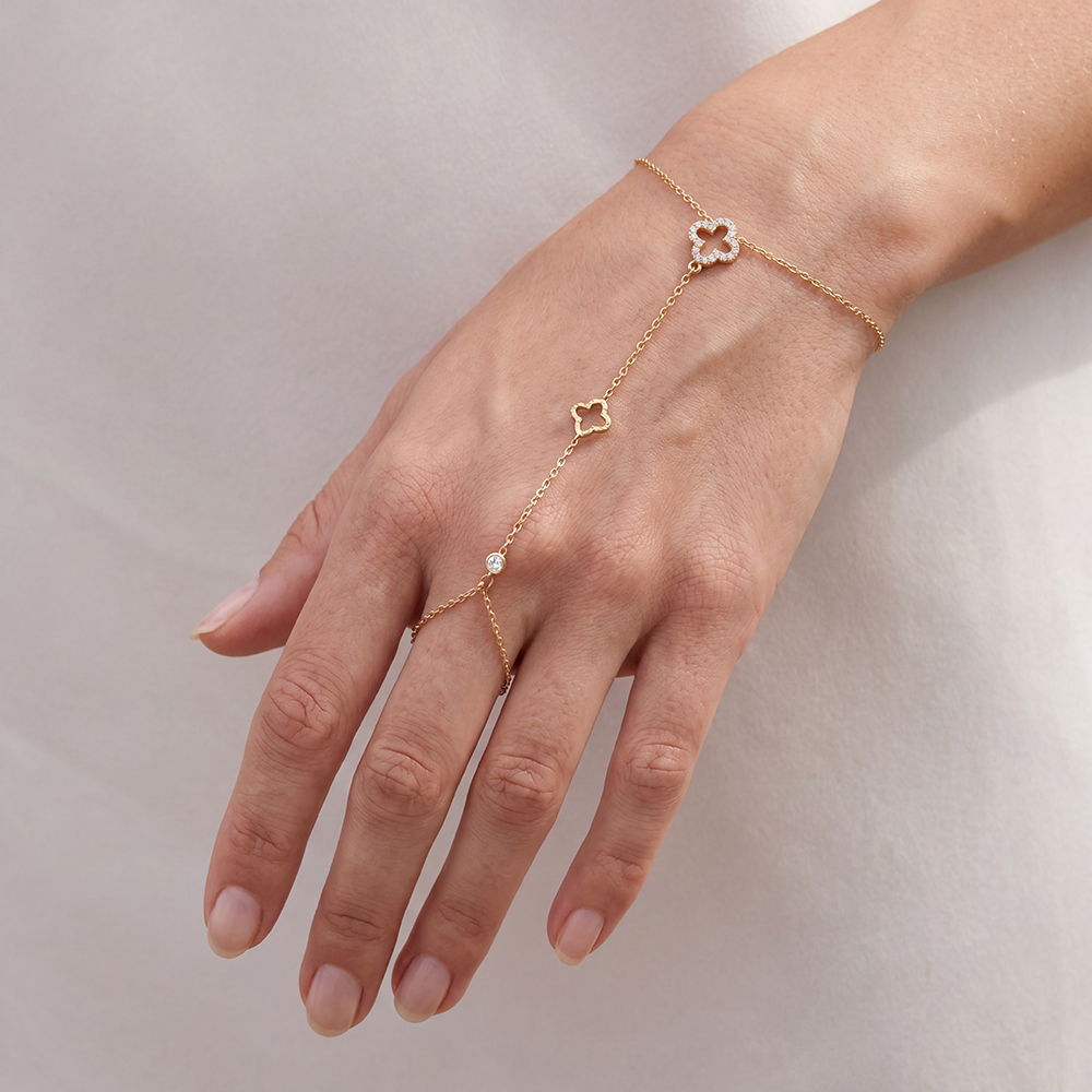 16cm zirconia cloverleaf hand chain stainless steel bracelet    