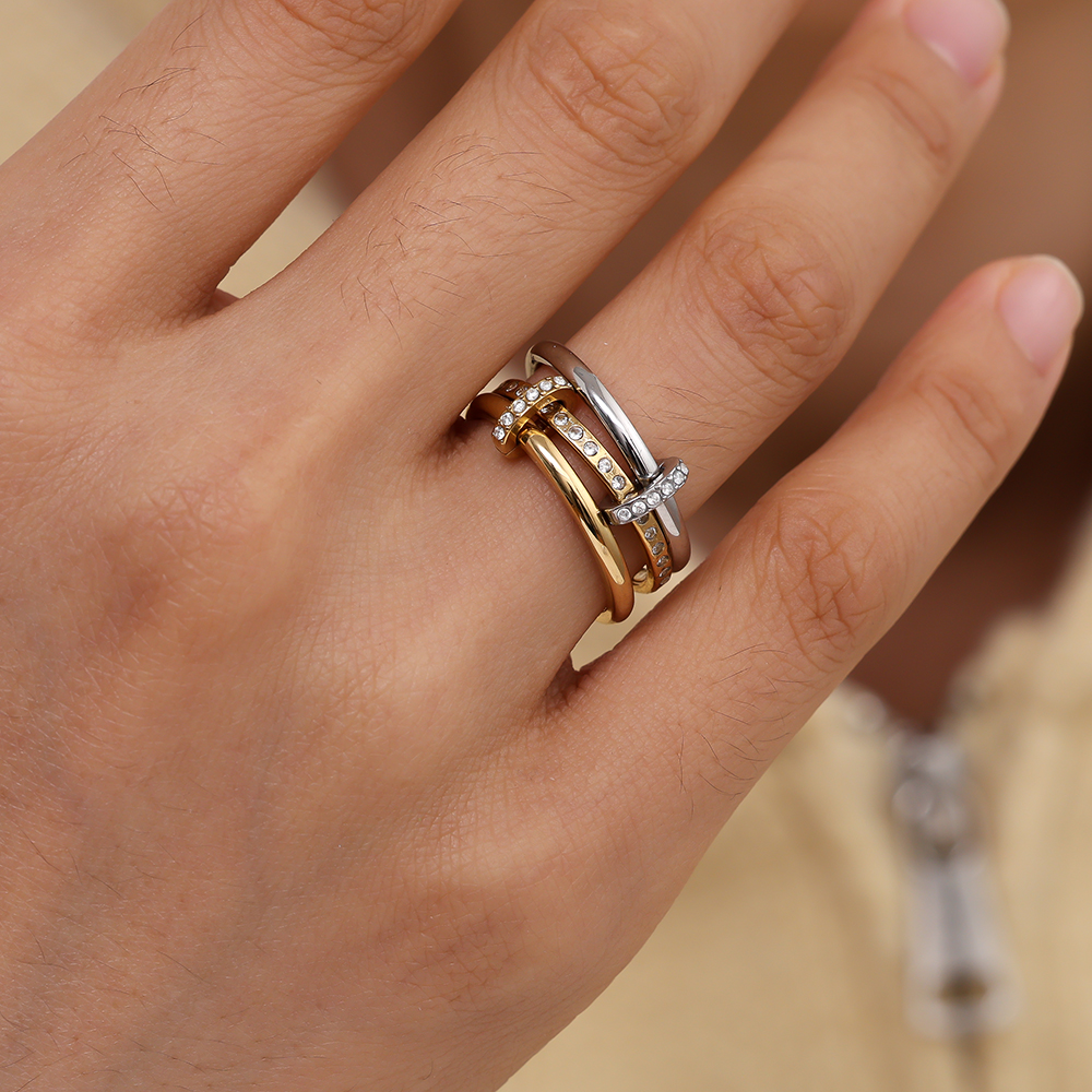 Three Layer Gold And Silver Diamond Ring Set With Lock Stainless Steel Ring    