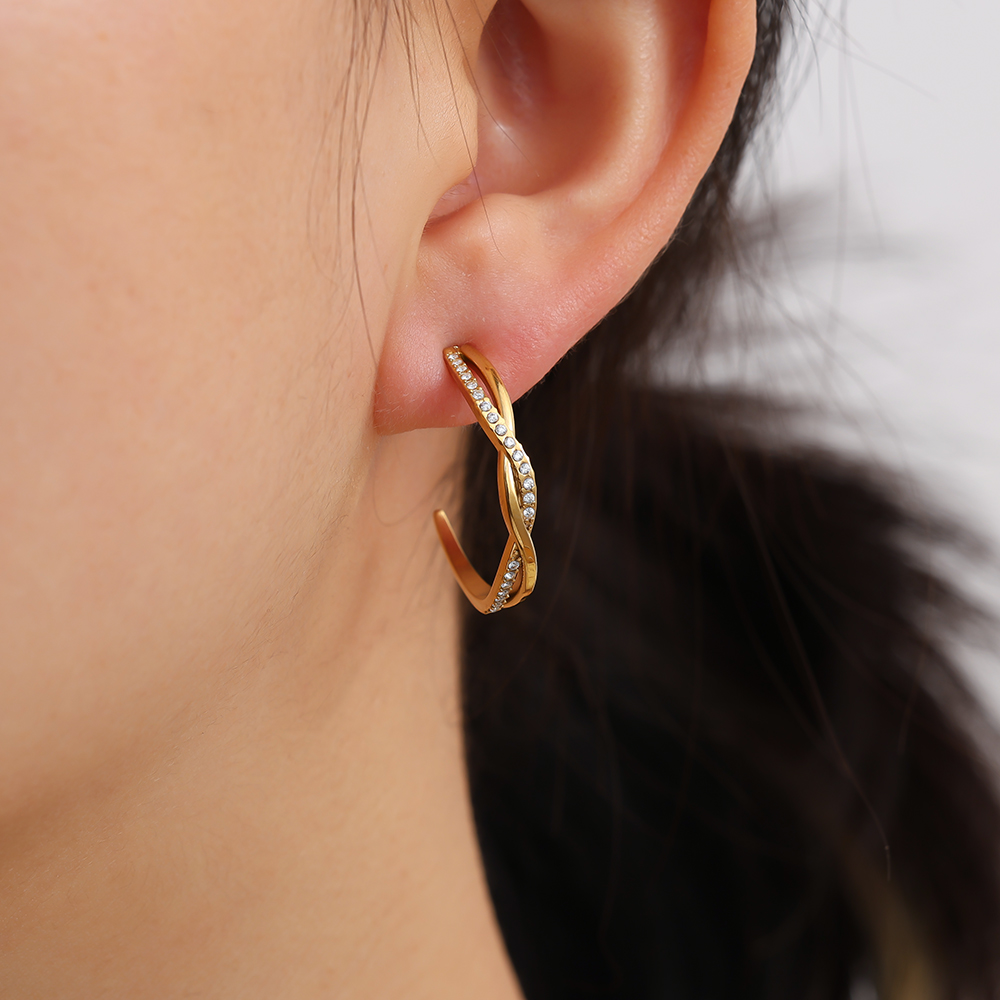 2.5cm Elegant Twist Diamond Hoop Stainless Steel Earrings      