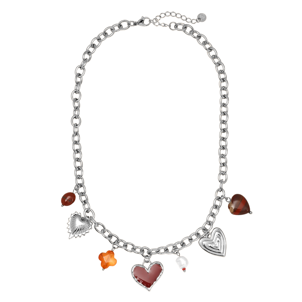 40cm Red Heart And Charms stainless steel necklace      