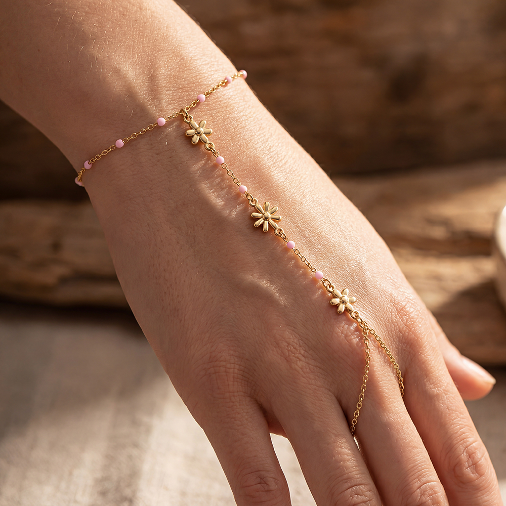 17cm flower and small pink beads hand chain stainless steel bracelet     