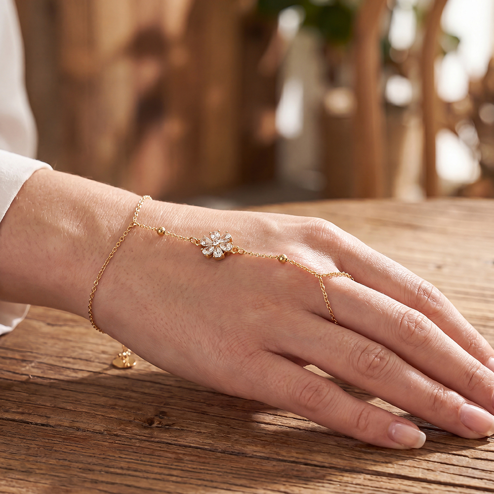 17cm zirconia flower hand chain stainless steel bracelet    