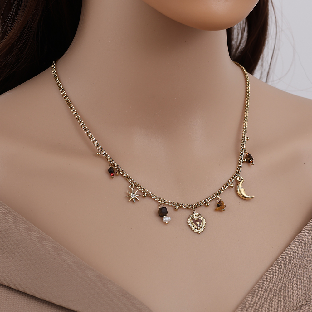 42cm Natural Stone And Charms Stainless Steel Necklace   