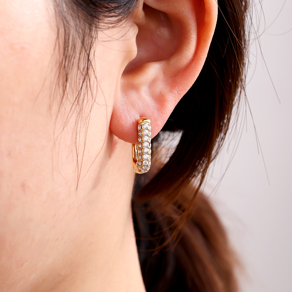 13*17mm Diamond Oval Hoop Stainless Steel Earrings      