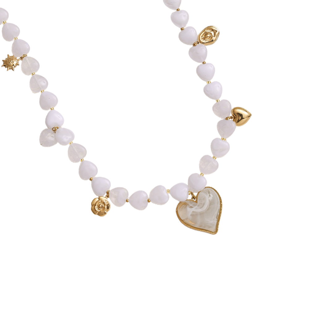 87cm small resin hearts and pendants stainless steel necklace     