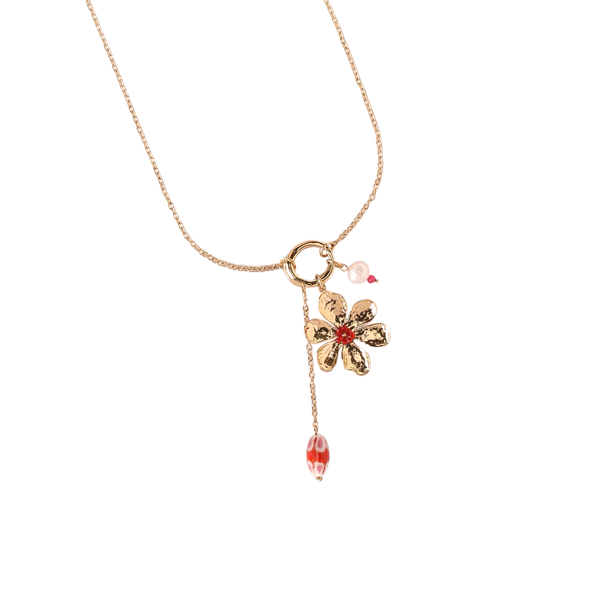 Stainless steel necklace, 80cm, with a large flower and red decoration  