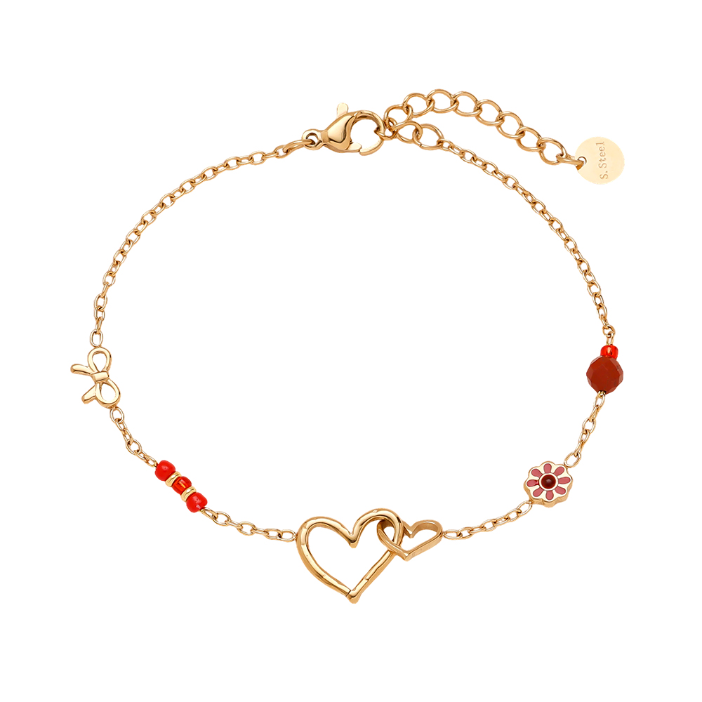 17cm heart bow and red flower stainless steel bracelet    