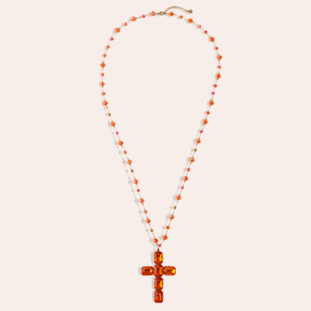 86cm Glass Crystal Cross Stainless Steel Necklaces