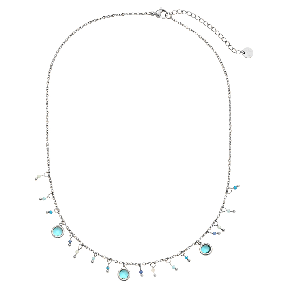 40cm blue glass beads and blue crystals stainless steel necklace  