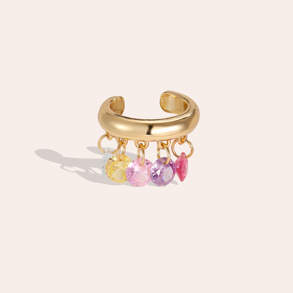 Gold-plated ear cuffs with a 14mm round crystal pendant featuring cubic zirconia 