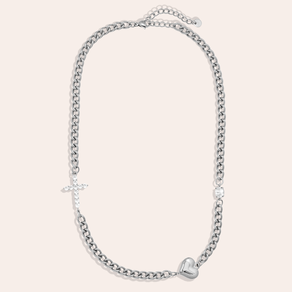 45cm Heart And Diamond Cross Stainless Steel Necklace        