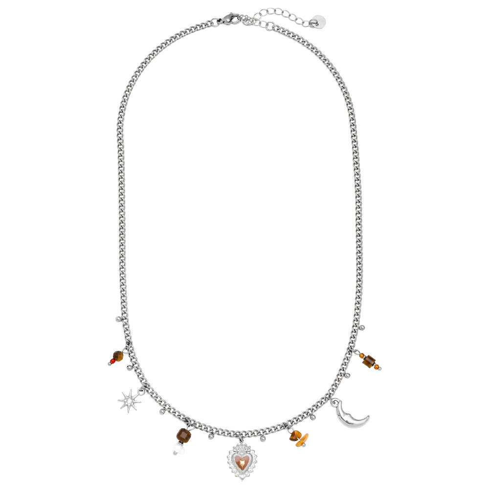 42cm Natural Stone And Charms Stainless Steel Necklace   