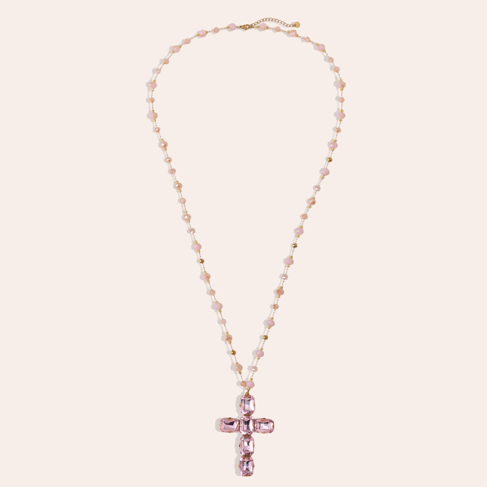 86cm Glass Crystal Cross Stainless Steel Necklaces