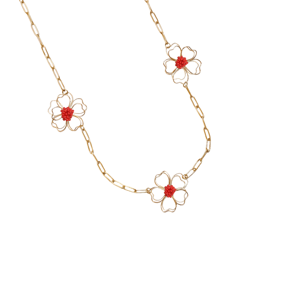 Stainless steel necklace 94cm golden flowers