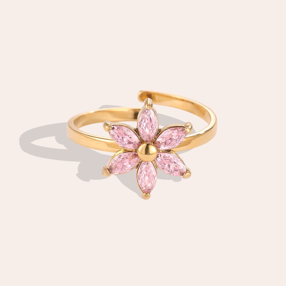Stainless steel ring Adjustable pink zirconia flower