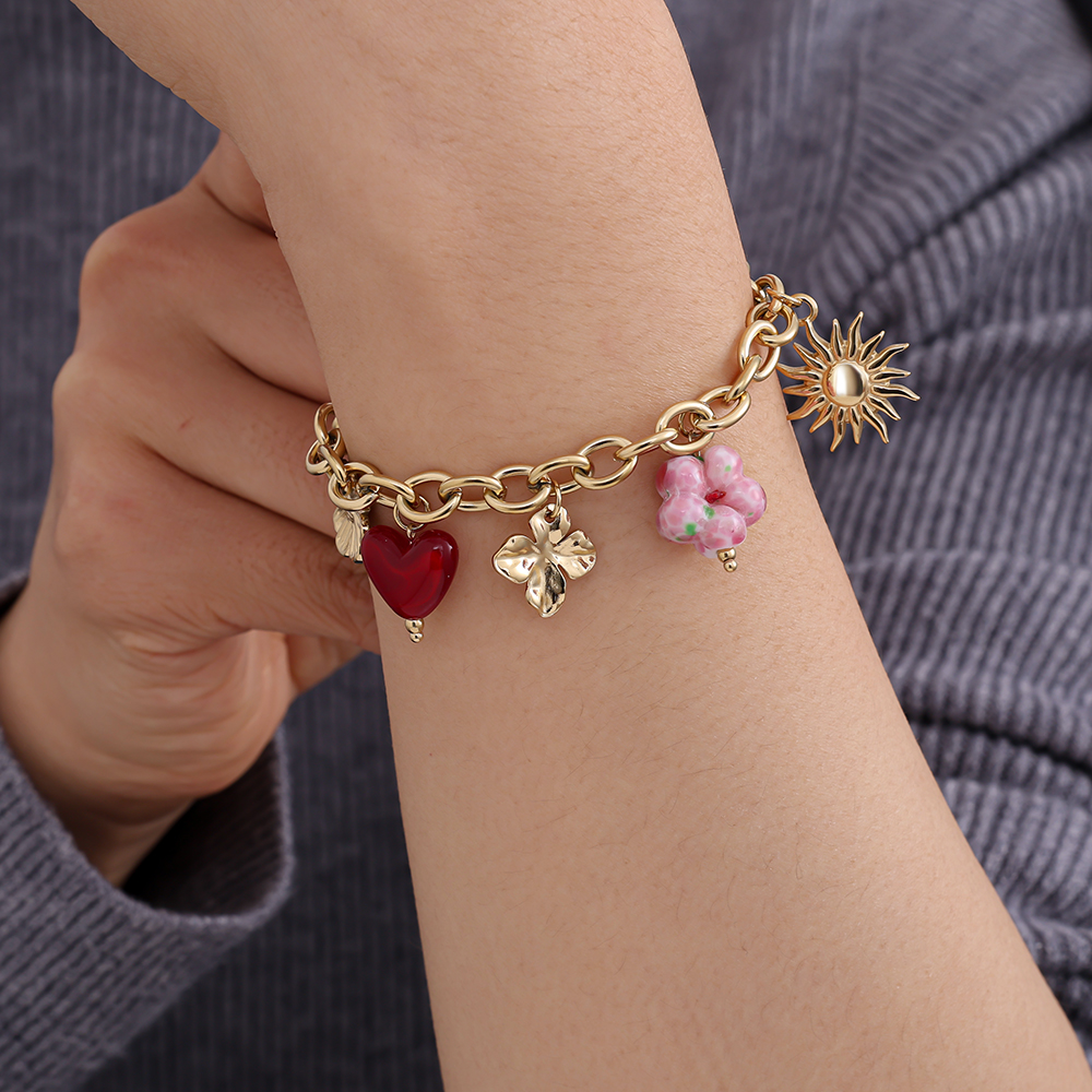 17cm acrylic heart flower beads stainless steel bracelet
