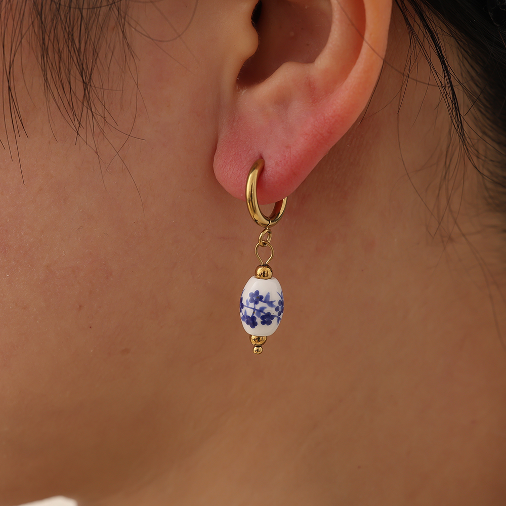 0.8*3.2cm oval ceramic stainless steel earrings   