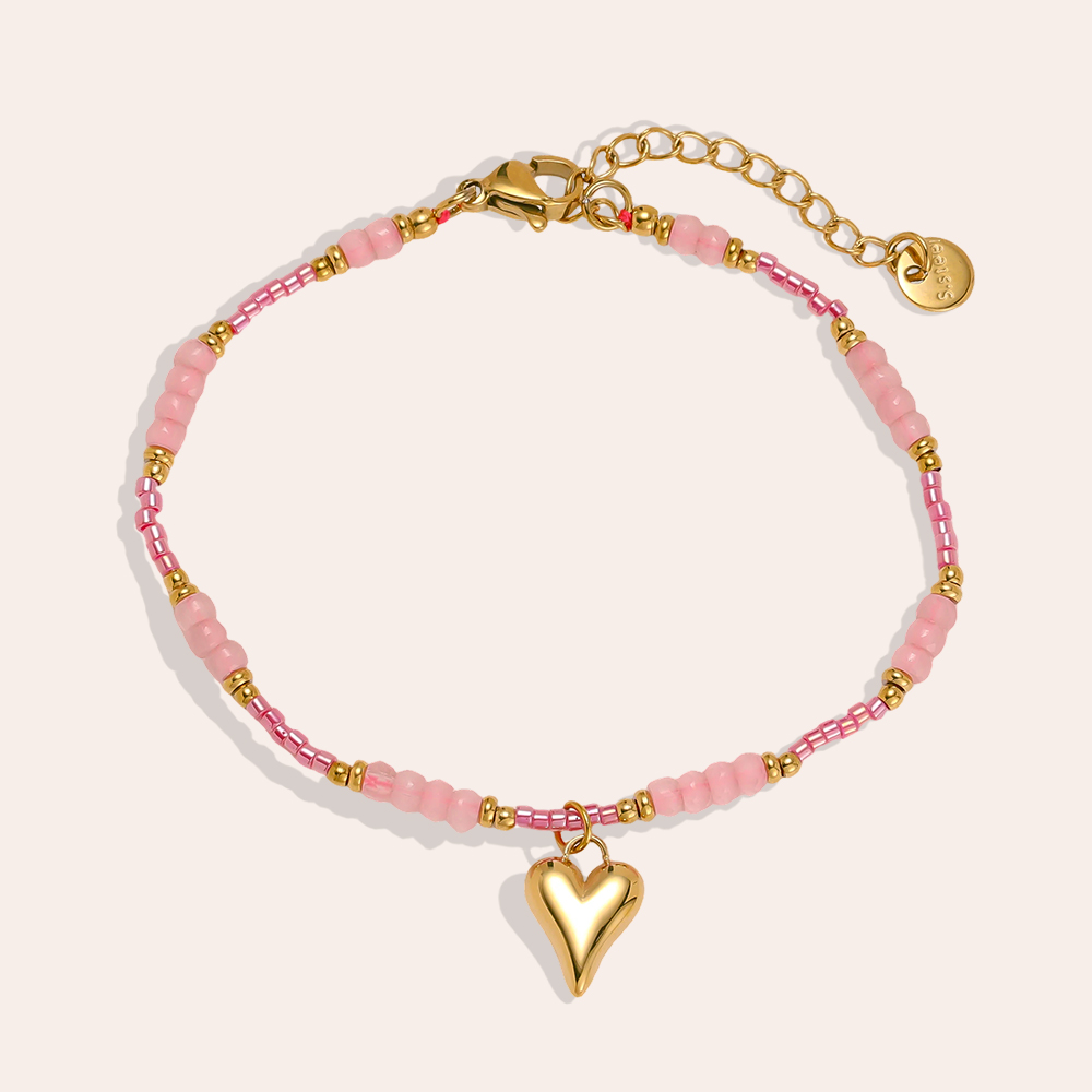 17cm pink pearl strand and heart stainless steel bracelet   