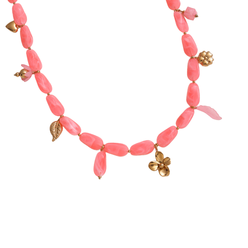 90cm elongated acrylic pieces and golden flower pendant stainless steel necklace      