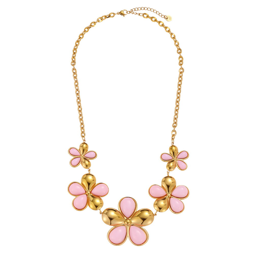 Stainless steel necklace 47cm pink flower