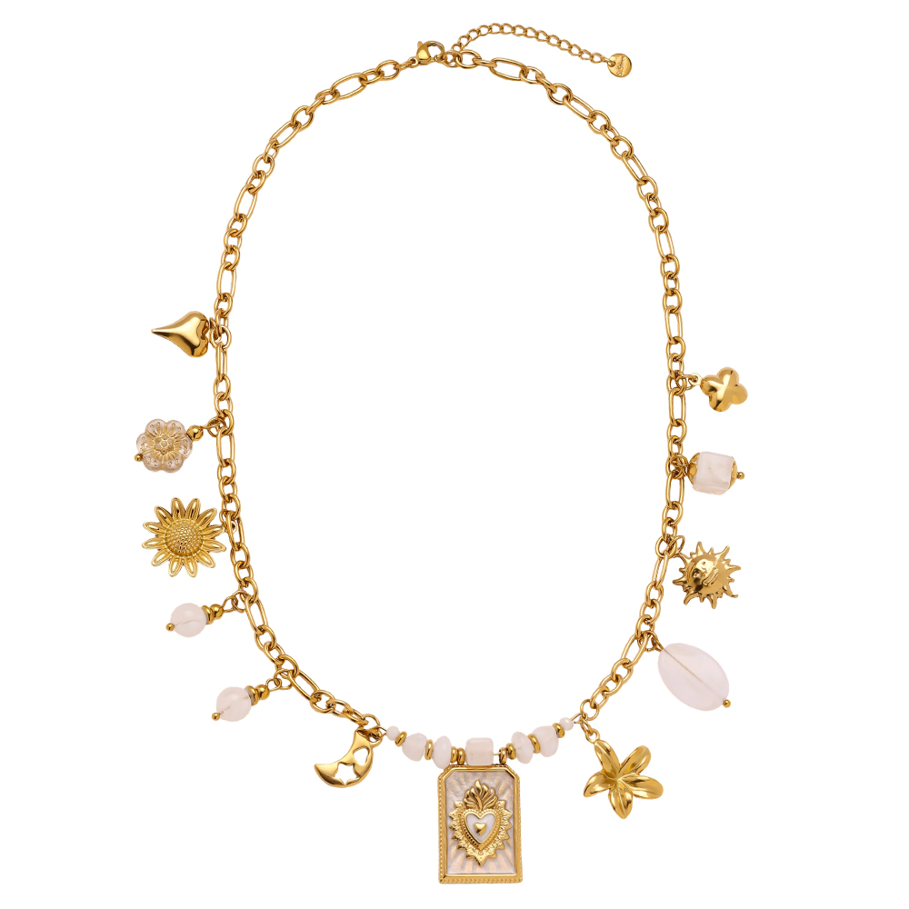 Stainless steel necklace 43cm frame with heart and flowers