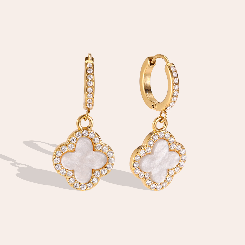 Stainless steel earrings, 25mm acrylic cloverleaf with a zirconia border
