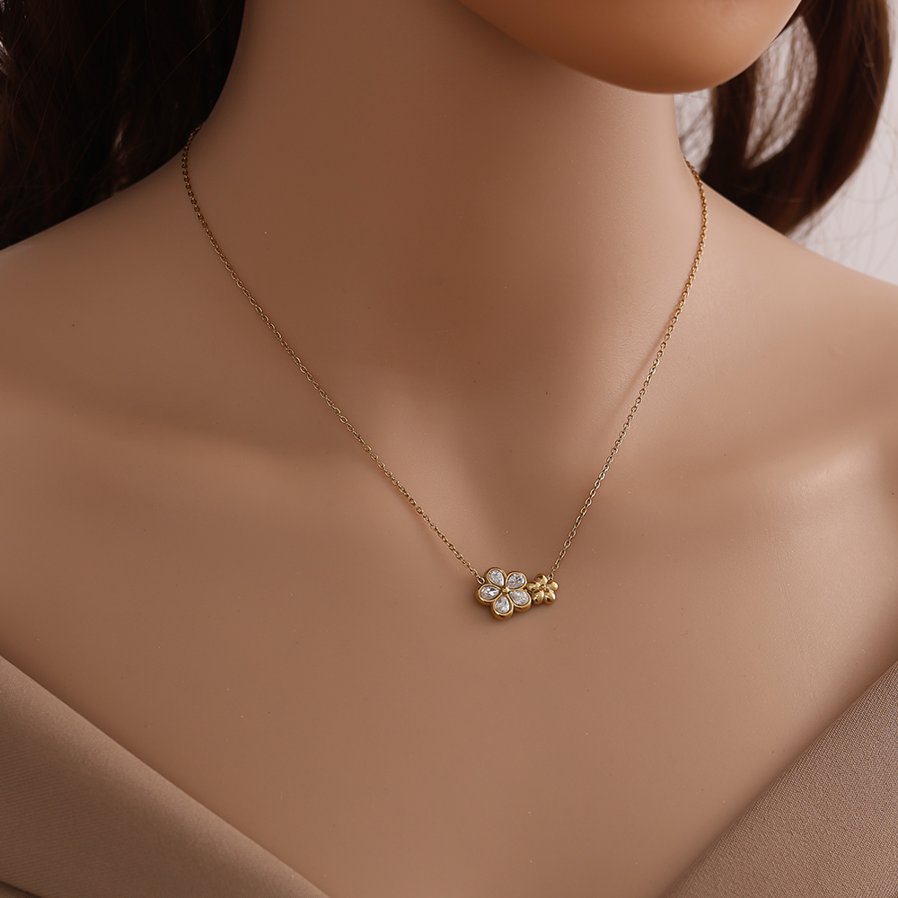 40cm double rhinestone flower stainless steel necklace