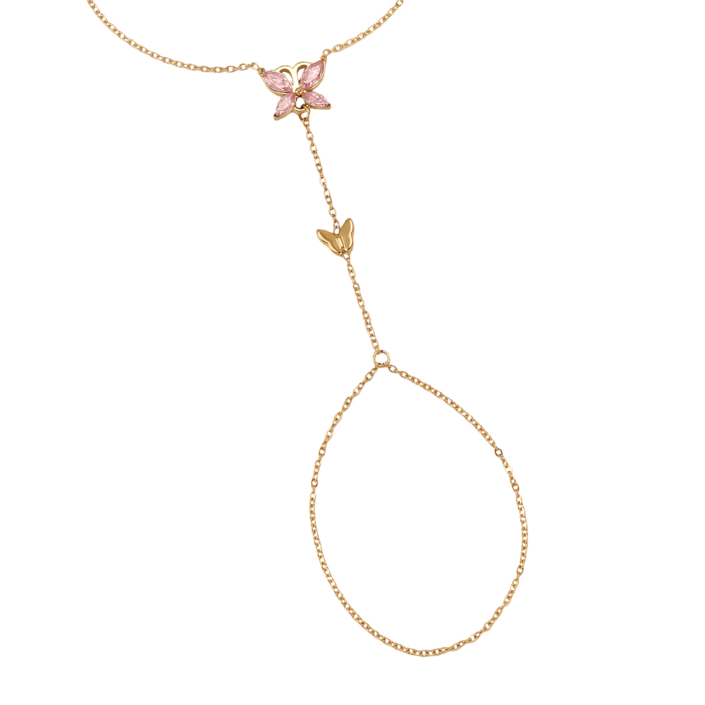 16cm pink zirconia butterfly hand chain stainless steel bracelet    