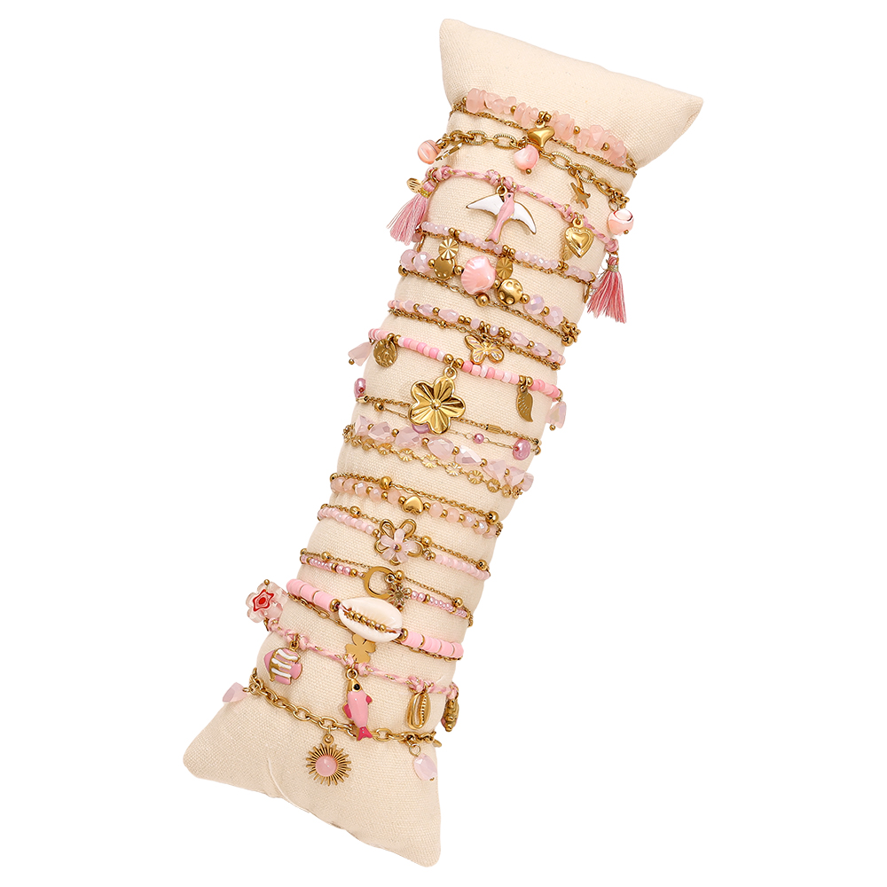 15pcs 17cm Pink Crystal Beads Sealife Stainless Steel Bracelet Set