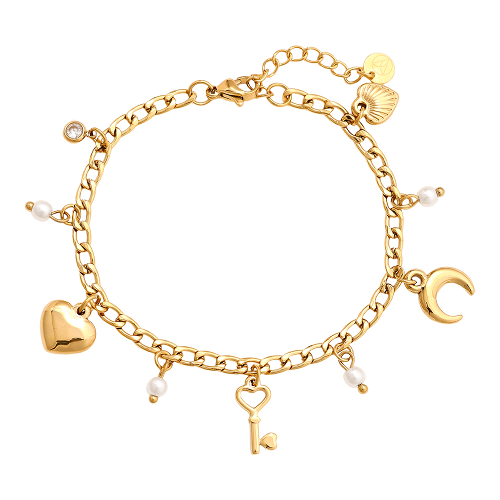 17cm heart moon key and pearl stainless steel bracelet  