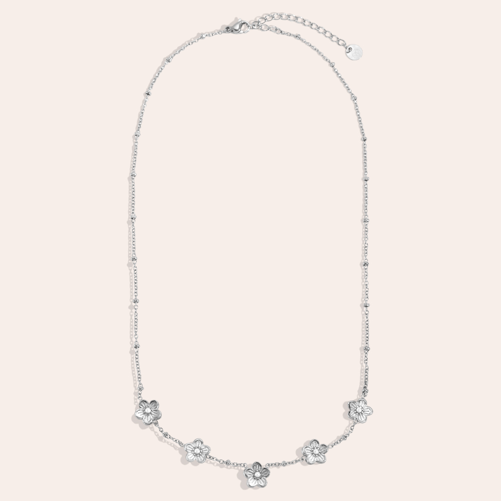 Stainless steel necklace 41cm Five flowers with small faux pearls