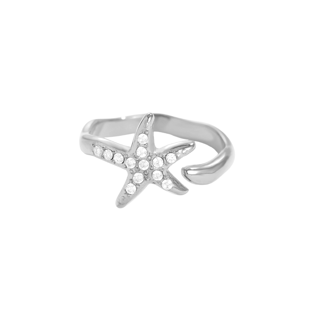 Adjustable rhinestone starfish stainless steel ring 