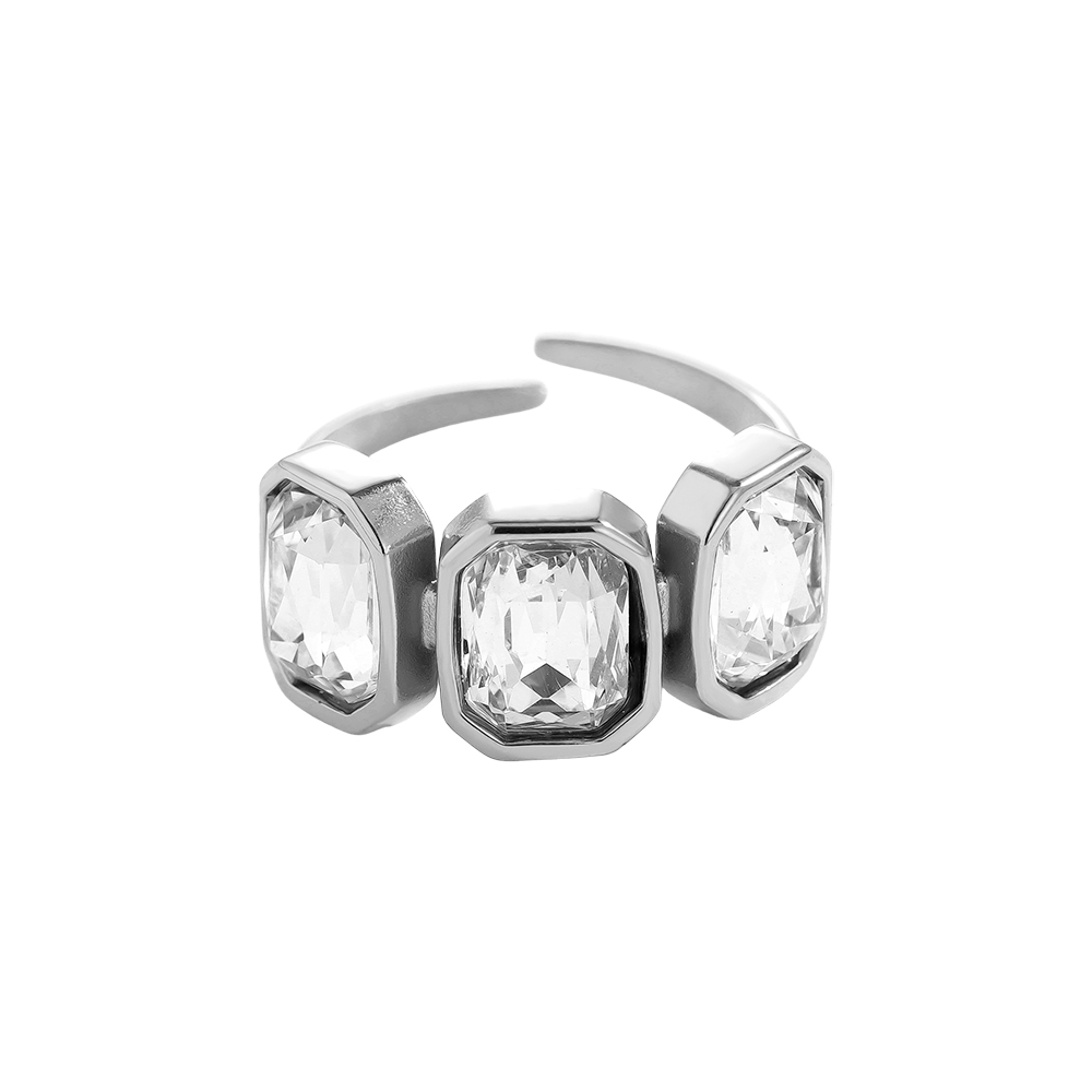 Adjustable open glass stone stainless steel ring 