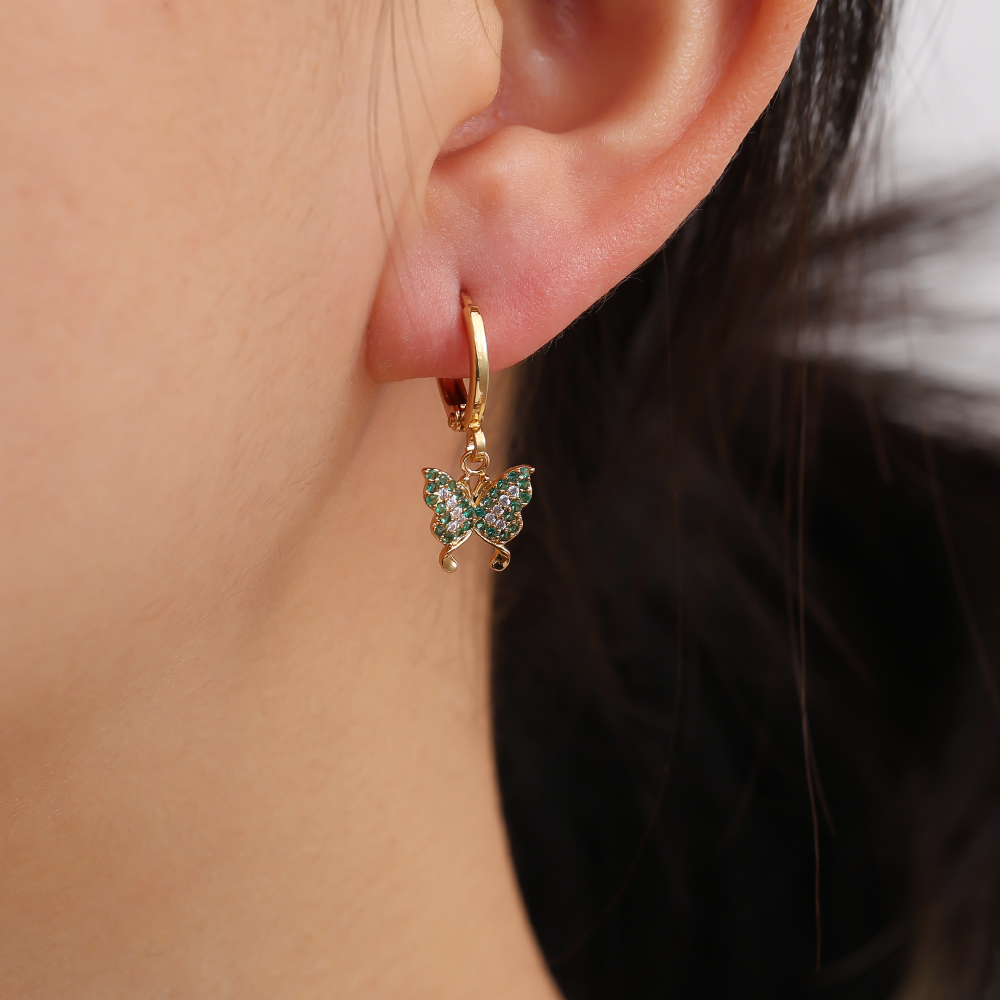 24mm Green Diamond Butterfly Gold Plated Earrings    